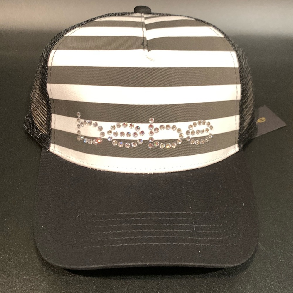 Bebe Black/White Striped Hat with Rhinestone Logo Embellished Baseball Cap